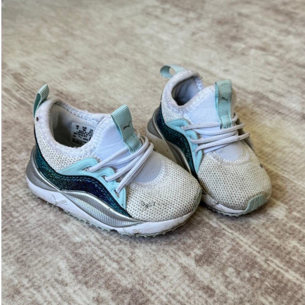 Puma Metallic Teal & White Slip On Sneakers Y2K Sparkle Toddler Girl 4C